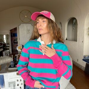 Sporty Pink and Teal Striped Polo Shirt